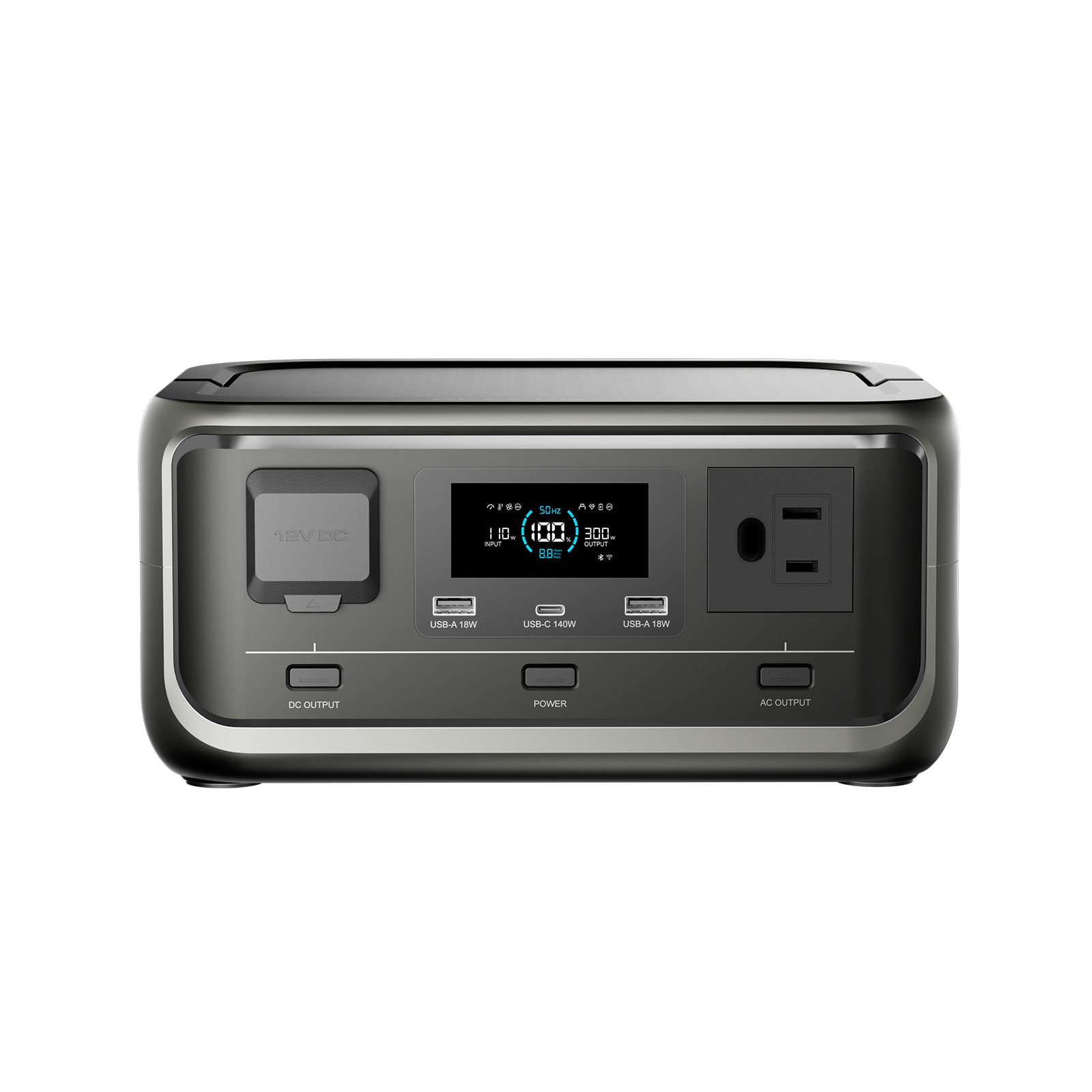 Front view of Allpowers P300 portable power station featuring clear LCD screen and power indicator.