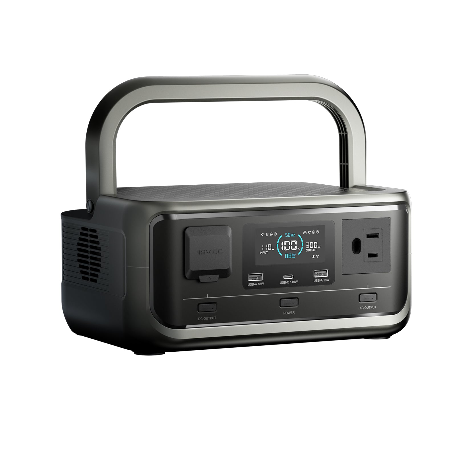 Close-up of Allpowers P300 portable power station's ergonomic handle for easy carrying.