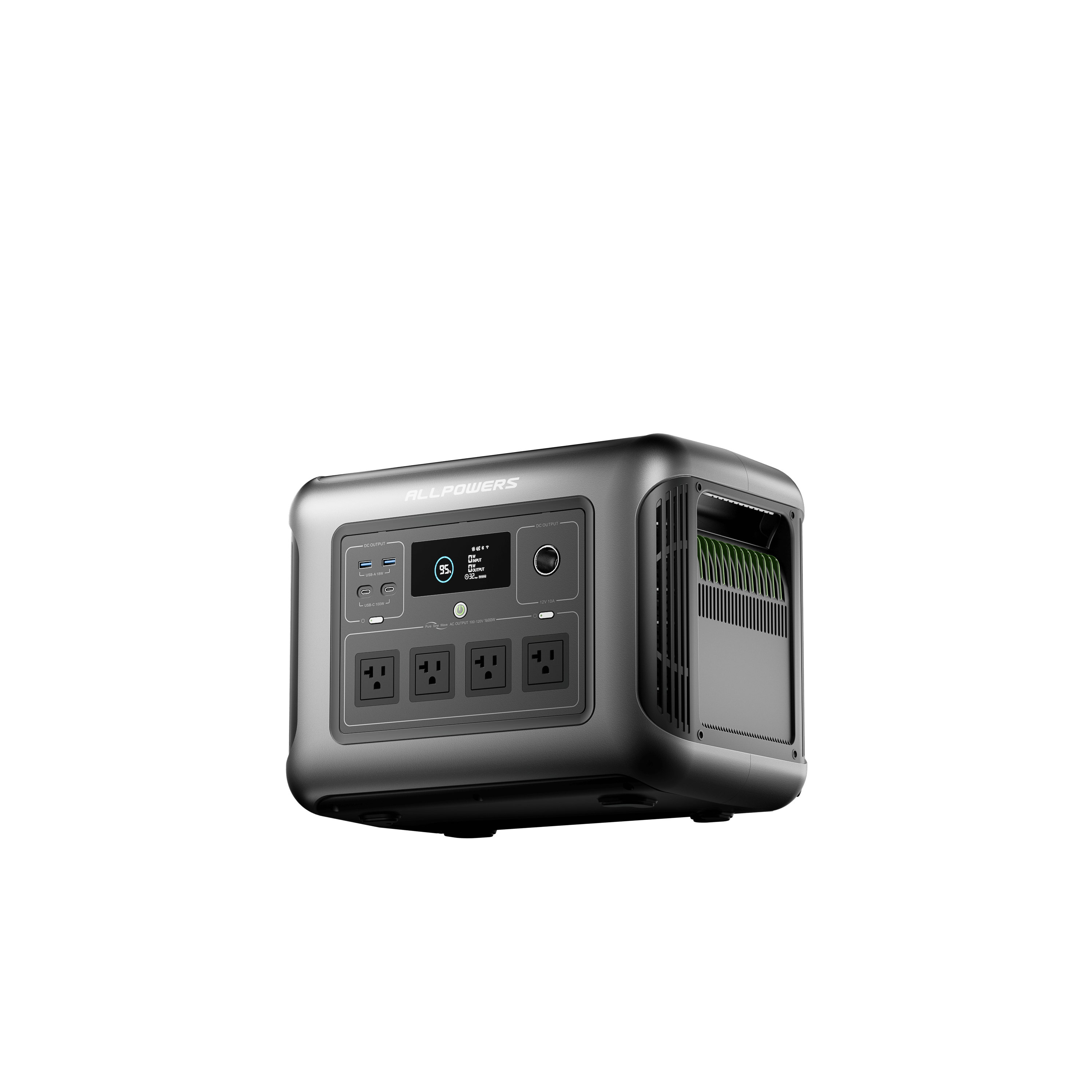 Ángulo lateral de la R1500 LITE, mostrando el diseño compacto y las ranuras de ventilación para el sistema de refrigeración.