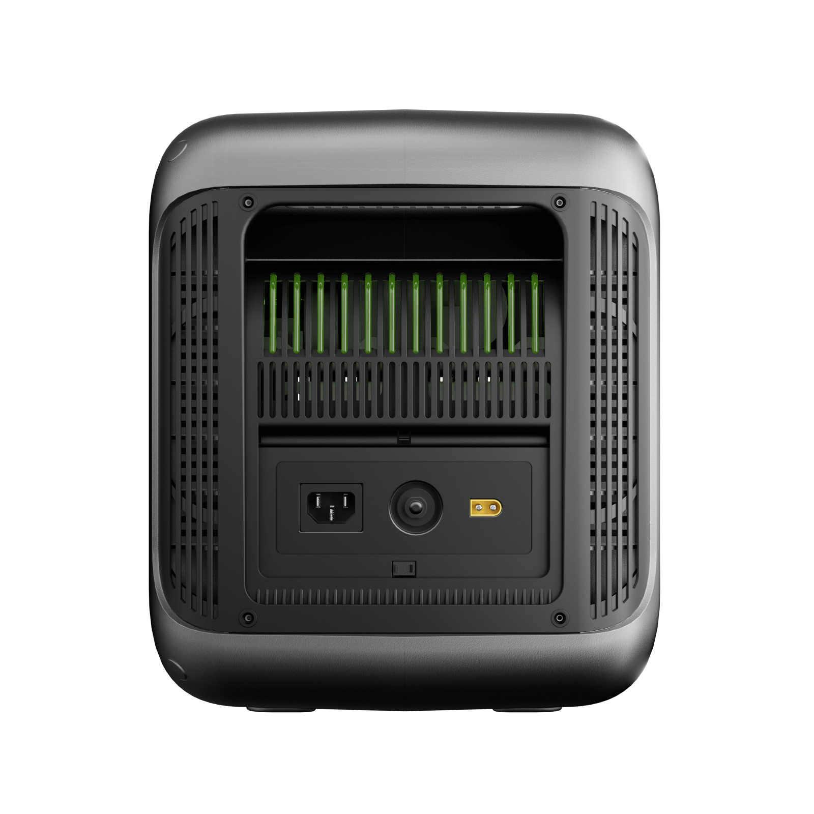 Vista lateral del R1500 LITE (1600W), con acercamiento a las rejillas de ventilación y a la vista detallada de los 3 puertos de interfaz lateral.