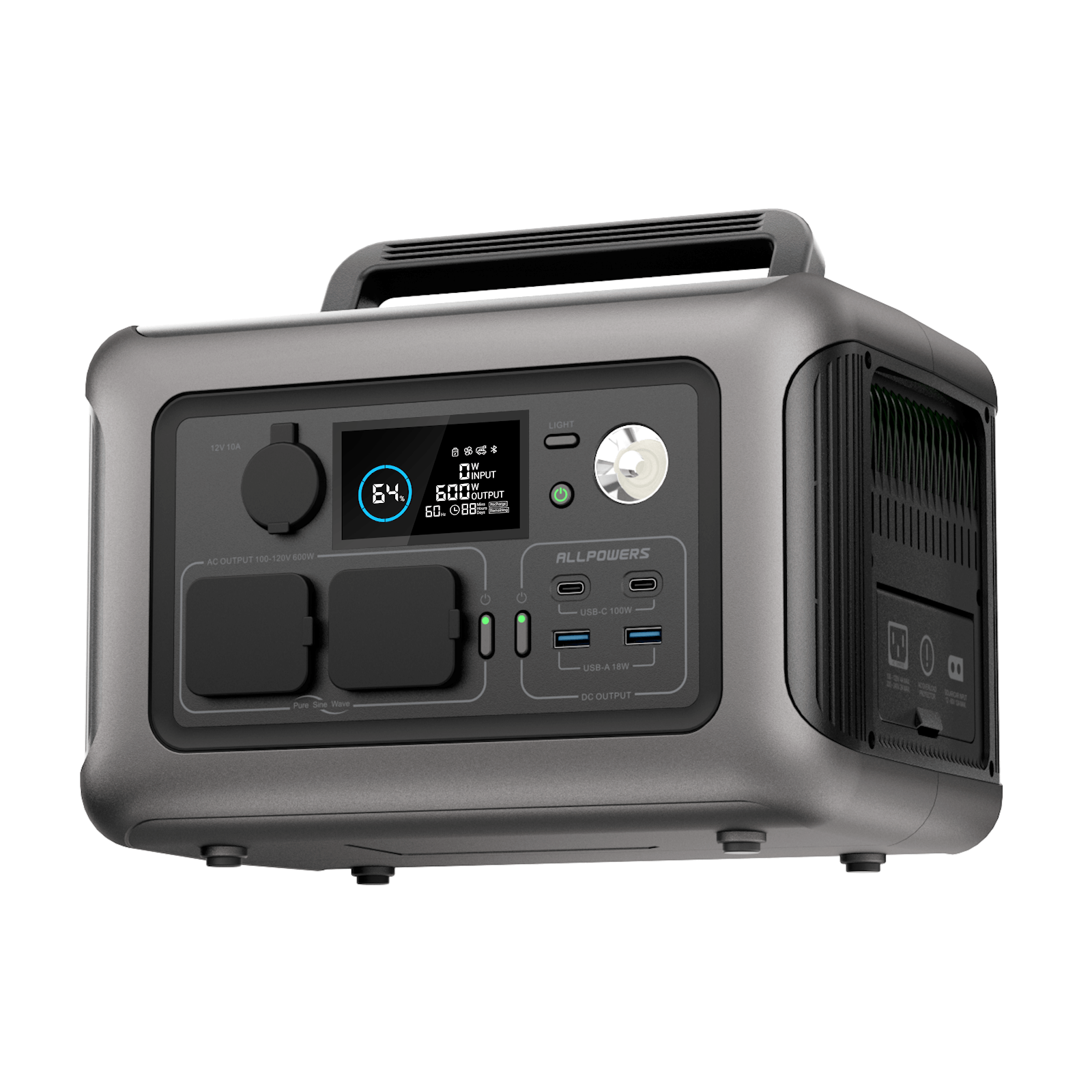 Ángulo de 45 grados del R600, detallando la disposición de sus 8 puertos de salida y el cargador inalámbrico de 15W.