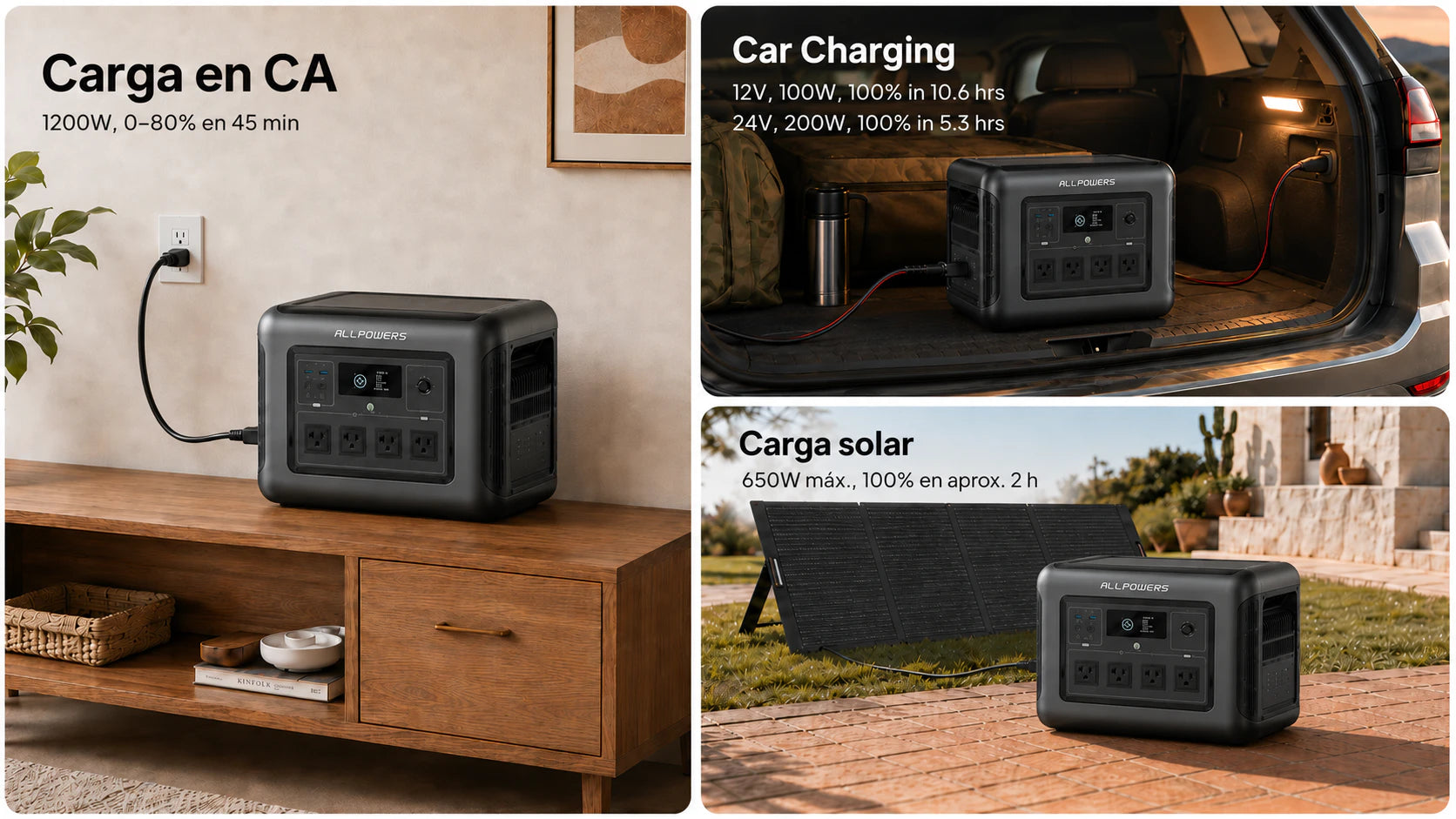 Tres formas de recargar ALLPOWERS R1500 Lite: enchufe, auto y paneles solares