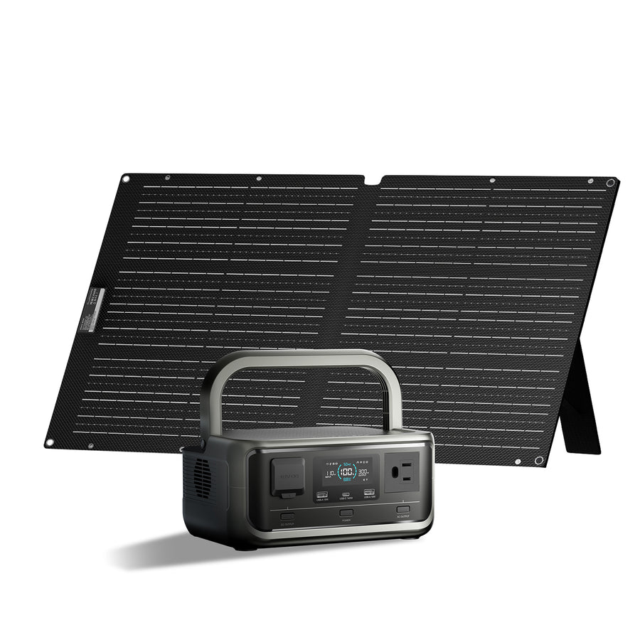 Kit generador solar ALLPOWERS P300 (256Wh) y panel solar plegable SE100 (100W) para camping y emergencia.
