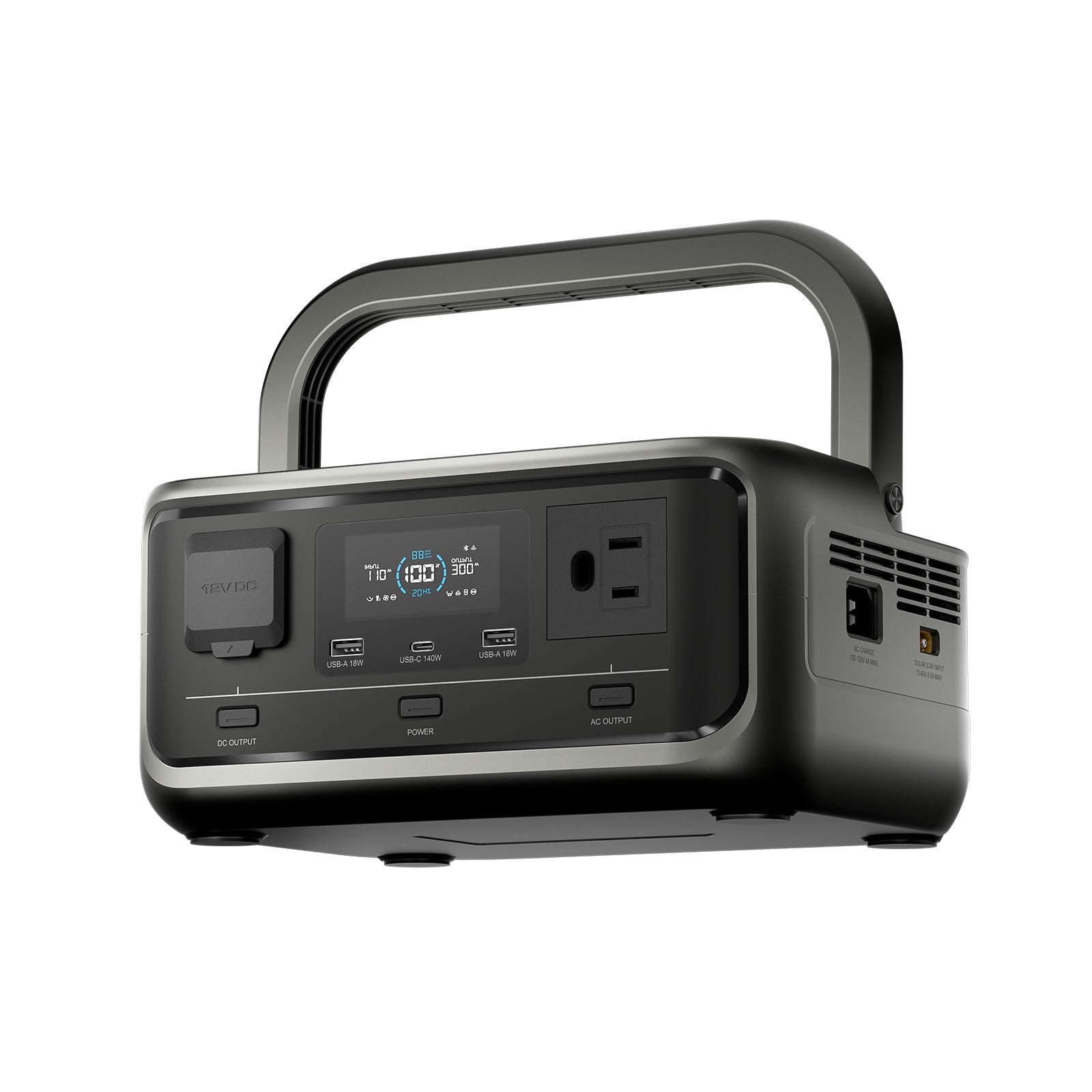 Front-left view of Allpowers P300 portable power station showing dual AC outlets and digital display.