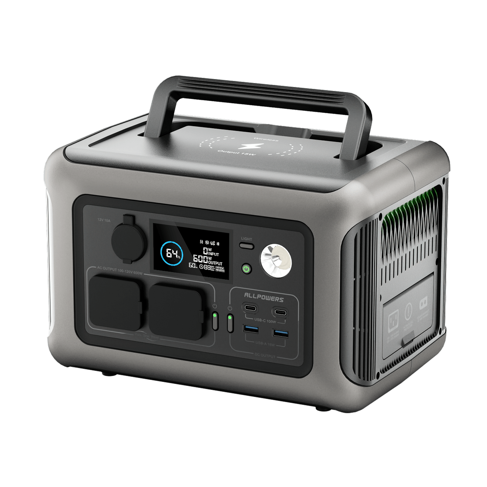 Vista frontal izquierda de la estación de energía ALLPOWERS R600 (600W), destacando las salidas AC y el asa plegable.