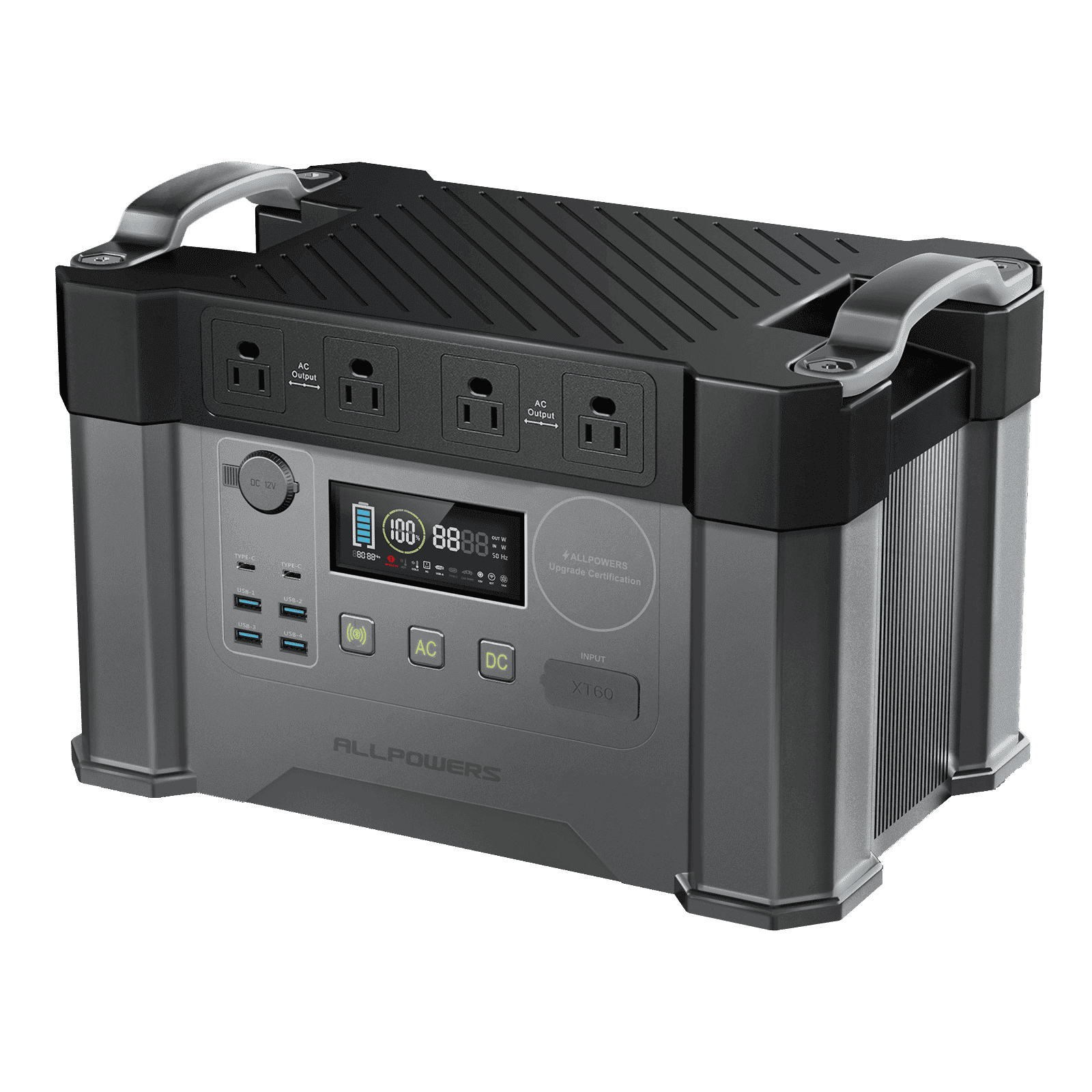 Vista frontal angular de la estación de energía ALLPOWERS S2000 Pro (2400W), destacando las 4 salidas AC y el display LCD.