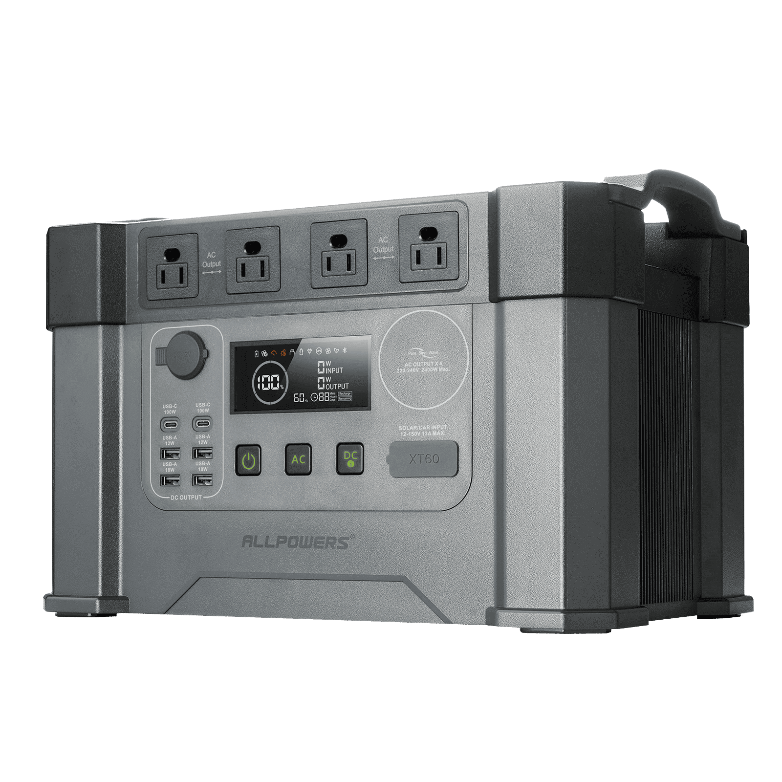 Vista frontal de la ALLPOWERS S2000 Pro, con los puertos de carga USB-C (100W) y USB-A activos.