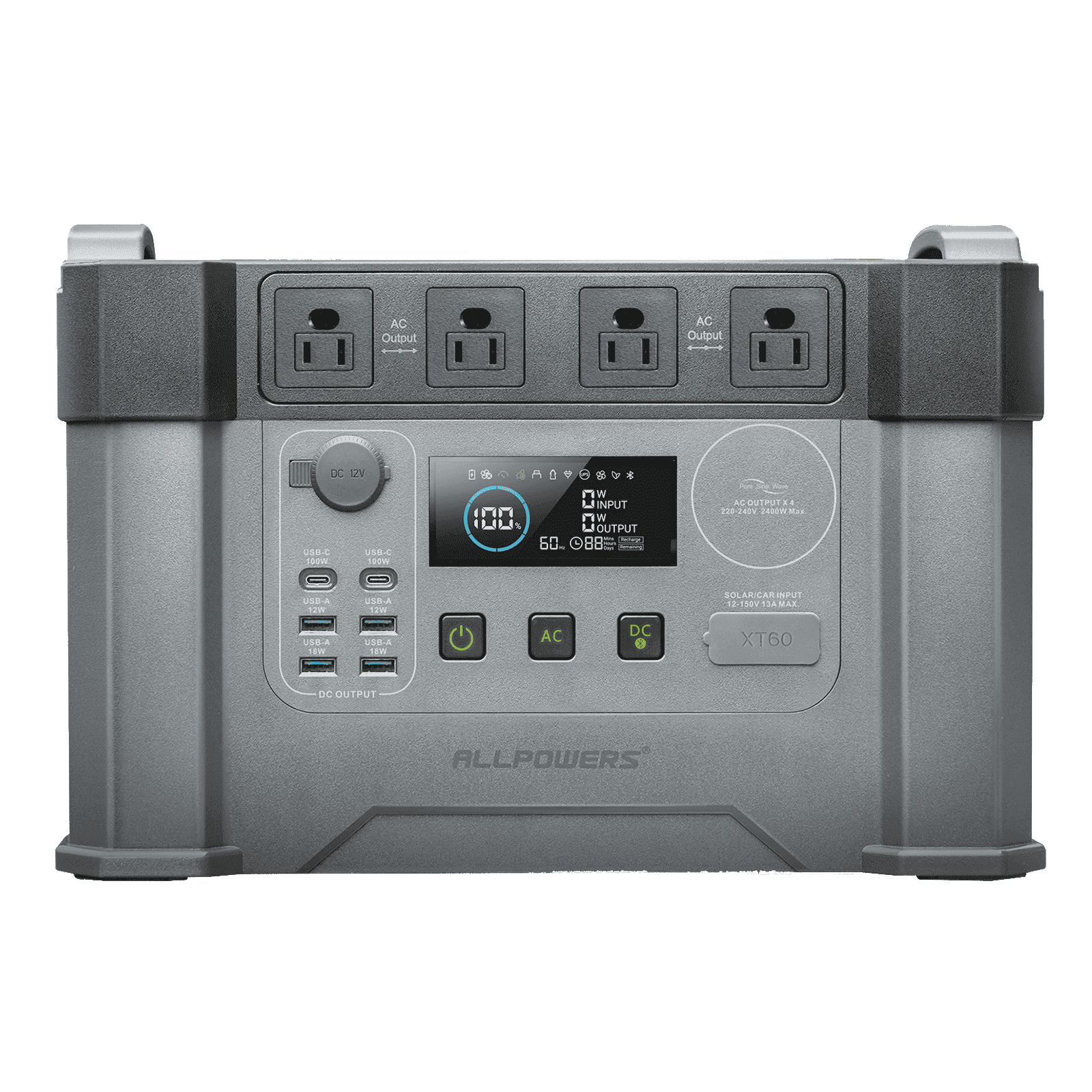 Vista posterior de la ALLPOWERS S2000 Pro, mostrando las entradas de carga Solar (1000W MPPT) y AC (1500W) para carga rápida.